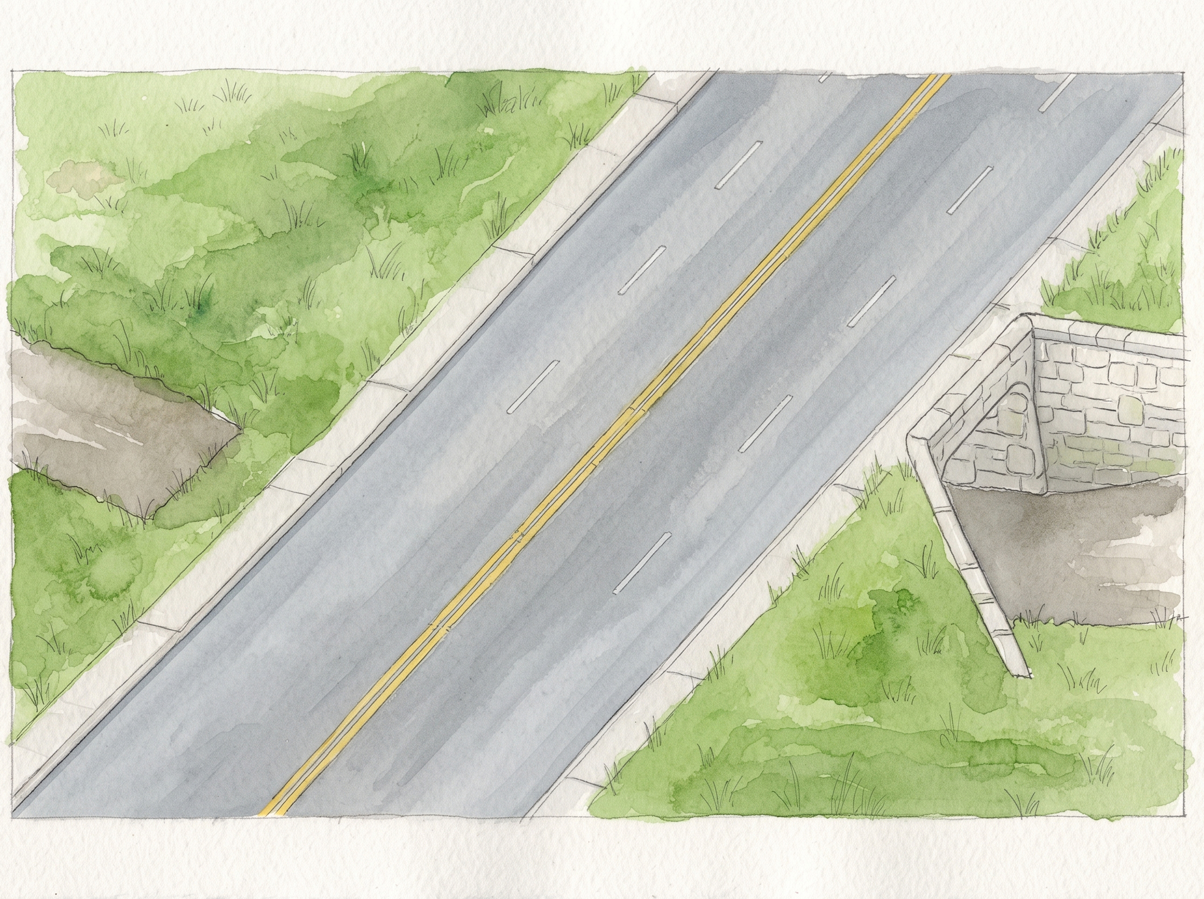 A watercolour of a trail passing under a road through an underpass
